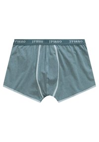 Boxers para hombre en un color teal apagado, confeccionados en una tela suave. Presentan una cinturilla elástica con el logo "JP1880" y costuras en azul claro de contraste.
