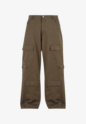 Olive rohelise puuvilla cargo püksid, millel on mitu külgtaskut, nupule kinnitatud sulgur ja lõdva lõikega disain.