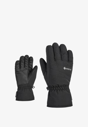 Black gloves with a textured, insulated design. Made from Gore-Tex, featuring elastic cuffs and reinforced palm for grip.