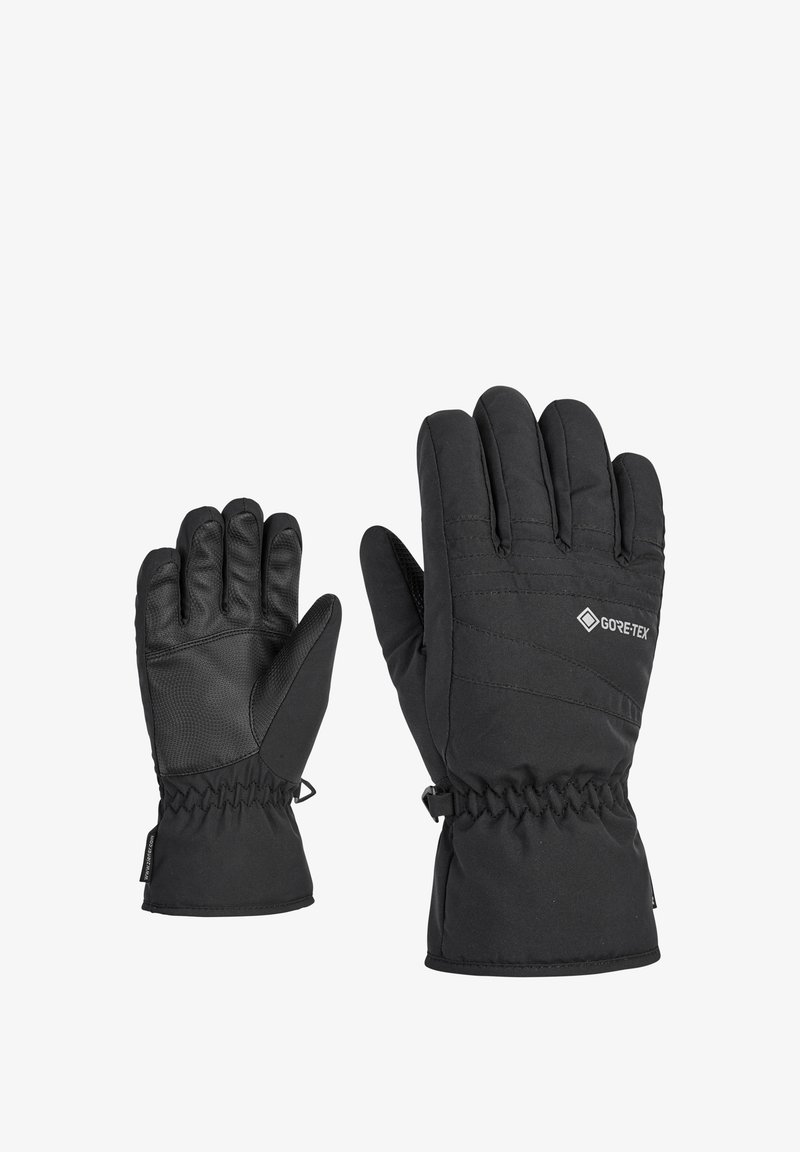 Black gloves with a textured, insulated design. Made from Gore-Tex, featuring elastic cuffs and reinforced palm for grip.