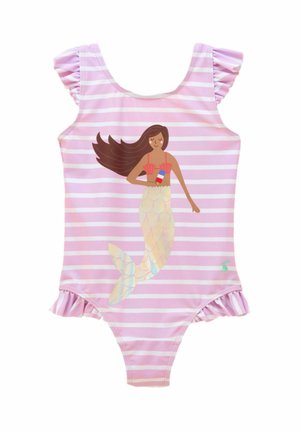 Pruhované ružovo-biele plavky pre batoľa s volánikovými rukávmi a spodným lemom, s motívom morskej panny držacej červenobielo-modrý nanuk.