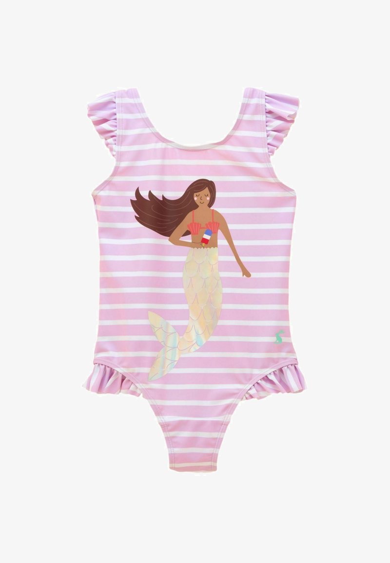 Maillot de bain rayé rose et blanc pour tout-petit avec manches et bas à volants, présentant une sirène tenant une glace rouge, blanche et bleue.