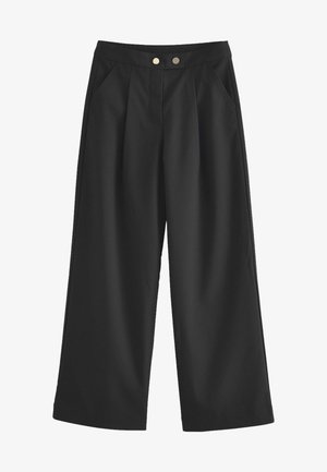 Juodos plačios kelnės su lygiu paviršiumi, turinčios dvi priekinės kišenes, dvi auksinės spalvos sagas juosmens srityje ir pritaikytą dizainą.