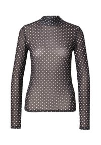 Schwarzes Langarmoberteil aus transparenter Stoff mit weißen Punkten. Verfügt über einen Stehkragen und eine taillierte Silhouette. Angenehme, glatte Textur.
