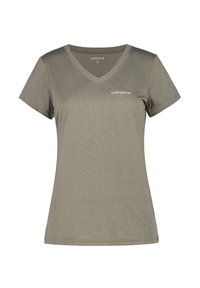 T-shirt a manica corta con scollo a V di colore verde oliva, caratterizzato da una texture liscia e un piccolo logo grigio chiaro sul lato sinistro del petto.