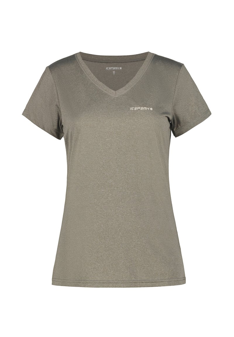 T-shirt a manica corta con scollo a V di colore verde oliva, caratterizzato da una texture liscia e un piccolo logo grigio chiaro sul lato sinistro del petto.