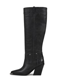 Bottes en cuir noires jusqu'aux genoux avec des pointes effilées, des talons blocs robustes et des détails de couture subtils sur les côtés.