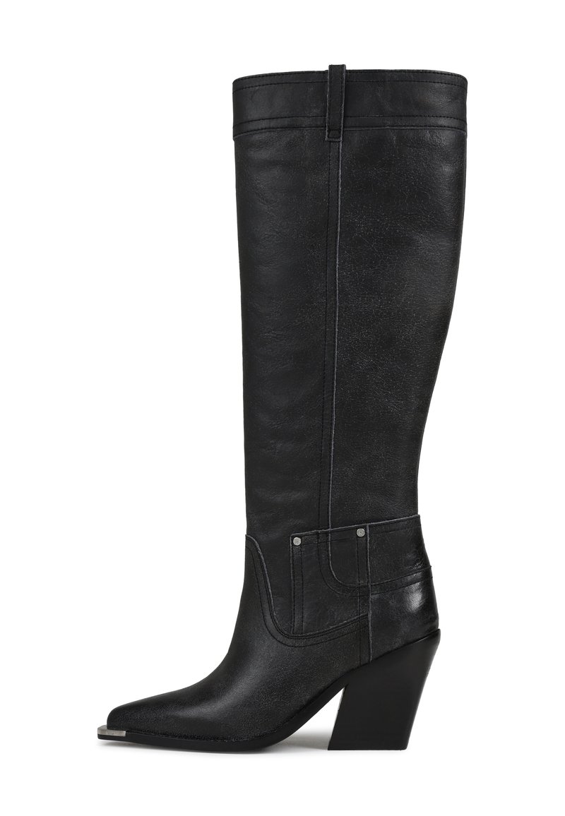 Bottes en cuir noires jusqu'aux genoux avec des pointes effilées, des talons blocs robustes et des détails de couture subtils sur les côtés.