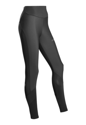 Schwarze Leggings aus elastischem Stoff mit einem hohen Bund, strukturierten seitlichen Einsätzen und schlankem, figurbetontem Design.