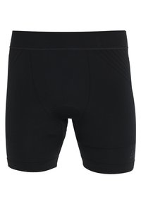 Black athletic shorts made of stretchy fabric. Features a snug fit, a wide waistband, and subtle textured detailing on the sides.