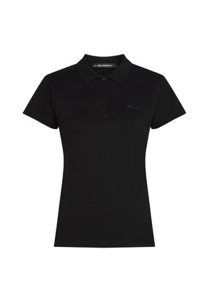 Polo noir à manches courtes et coupe ajustée, avec col, trois boutons et petit logo "Karl" brodé sur la poitrine gauche.