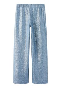 Pantalon large bleu pailleté avec taille élastique, offrant une surface brillante et une texture lisse, conçu pour le confort et le mouvement.