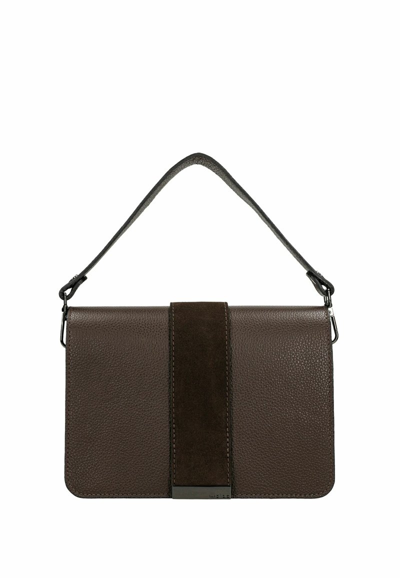 Ciemnobrązowa skórzana torba na ramię z zamszowym pionowym paskiem z przodu oraz odpinanym paskiem z metalowymi zapięciami.