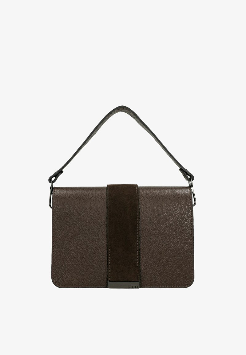 Ciemnobrązowa skórzana torba na ramię z zamszowym pionowym paskiem z przodu oraz odpinanym paskiem z metalowymi zapięciami.
