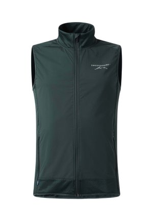 Veste softshell sans manches vert foncé avec fermeture éclair frontale et logo Swedemount sur la poitrine gauche.