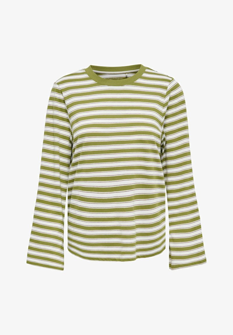 Chemise à manches longues avec des rayures horizontales vert olive et blanc et un col arrondi.