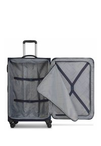 Valigia rigida blu navy con manico telescopico, quattro ruote e interno grigio dotato di cinghie e un compartimento con zip.