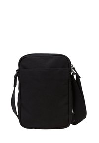 Borsa a tracolla nera realizzata in tessuto resistente, con forma rettangolare, tracolla regolabile e chiusura superiore con zip.