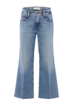 Lichtblauwe denim jeans met uitlopende pijpen, knopen- en ritssluiting aan de voorkant, taillebandlussen en voor- en achterzakken.