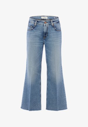 Lichtblauwe denim jeans met uitlopende pijpen, knopen- en ritssluiting aan de voorkant, taillebandlussen en voor- en achterzakken.