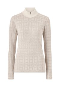 Langarmshirt in lichtbeige, met een subtiel geometrisch patroon, hoge kraag met rits en een gladde, elastische stof.