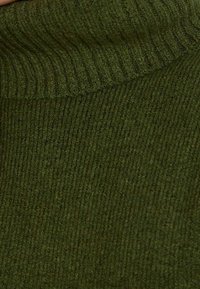 Pull à col roulé en maille côtelée de couleur vert foncé. Il présente un col montant et un tissu doux et texturé avec un motif uniforme sur toute la surface.