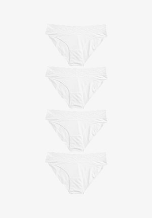 White cotton briefs with a lace waistband. Four pairs stacked, showcasing the soft texture and simple design. No patterns or hardware.