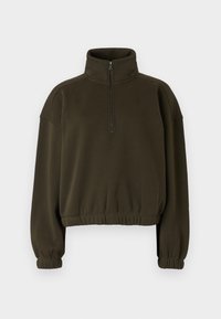 Olive green cropped sweatshirt made of soft fabric, featuring a high collar, half-zip closure, and elasticated cuffs and hem.