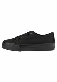 Black canvas sneaker with a round toe, flat sole, and six pairs of eyelets. Features a textured rubber sole and a minimalistic design.