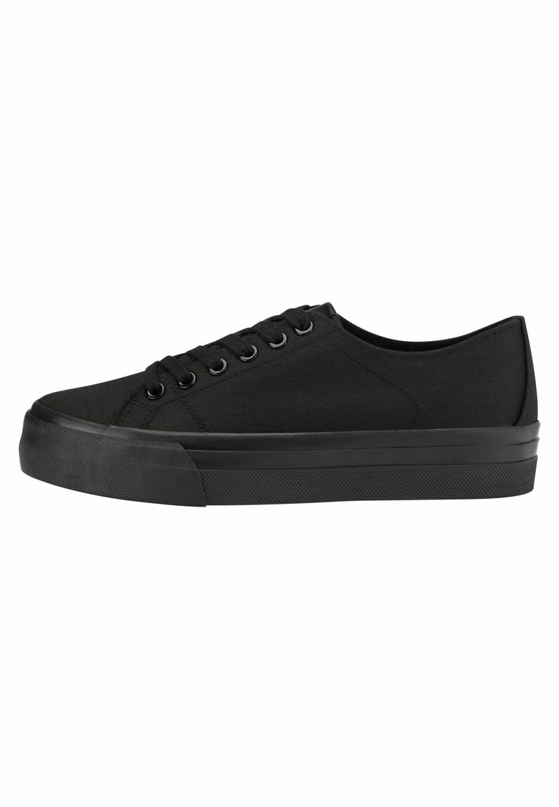 Black canvas sneaker with a round toe, flat sole, and six pairs of eyelets. Features a textured rubber sole and a minimalistic design.