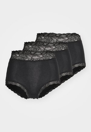 Três pares de cuecas pretas de cintura alta, apresentando um acabamento em renda preta na cintura e nas aberturas das pernas, com um tecido de textura suave.