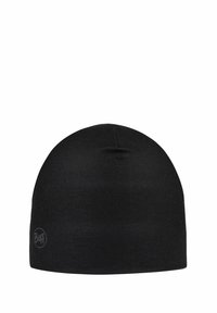 Black beanie hat, made of soft, stretchy fabric. Features a smooth texture with a minor seam detail and a subtle logo on the side.
