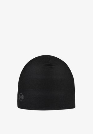 Black beanie hat, made of soft, stretchy fabric. Features a smooth texture with a minor seam detail and a subtle logo on the side.