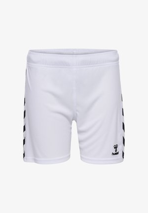 Witte sportshorts van gladde stof, met zwarte accenten aan de zijkanten en een logo op de rechteronderkant. Elastische tailleband.