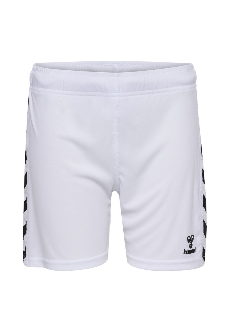 Weiße Sportshorts aus glattem Material, mit schwarzen Akzenten an den Seiten und einem Logo unten rechts. Elastischer Bund.