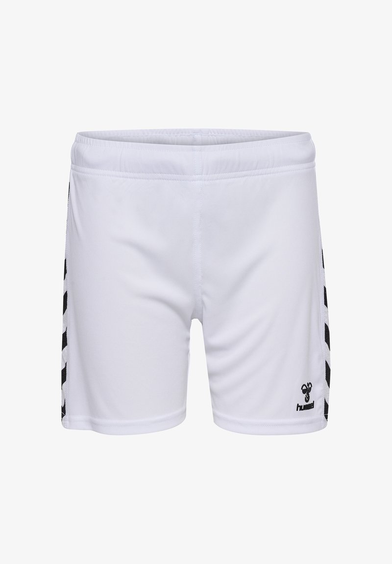 Weiße Sportshorts aus glattem Material, mit schwarzen Akzenten an den Seiten und einem Logo unten rechts. Elastischer Bund.
