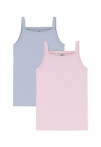 Δύο αμάνικα τοπ, ένα ανοιχτό μπλε και ένα ανοιχτό ροζ, φτιαγμένα από μαλακό ύφασμα με στενές τιράντες και κυματιστή διακόσμηση στο λαιμό.