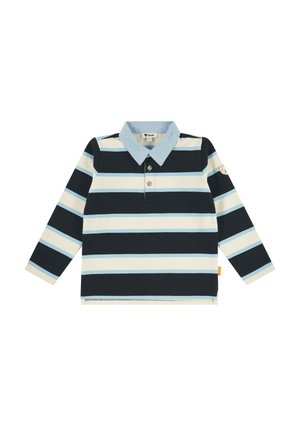 Polo à manches longues pour enfants avec des rayures horizontales bleu marine, blanc et bleu clair et un col bleu clair.