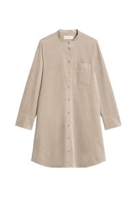 Beige Langarm-Hemd mit Knopfleiste und Stehkragen, einer einzelnen Brusttasche und entspannter Passform. Hergestellt aus leichtem, strukturiertem Stoff.