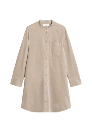 Beige long-sleeve button-up shirt with a stand collar, single chest pocket, and a relaxed fit. Made from lightweight, textured fabric.