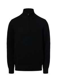 Czarny sweter typu pulower z wysokim, prążkowanym kołnierzem, częściowym zamkiem błyskawicznym, teksturowanym wzorem dzianiny oraz prążkowanymi mankietami i dołem.