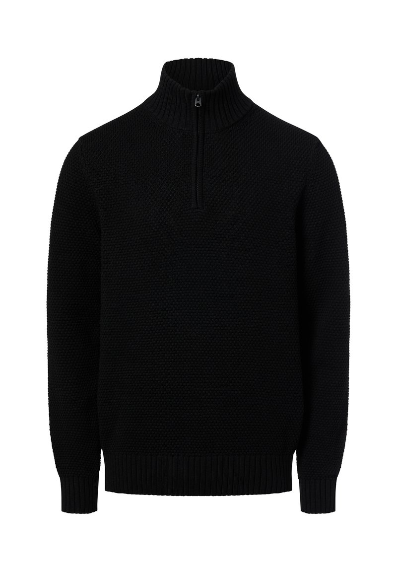 Czarny sweter typu pulower z wysokim, prążkowanym kołnierzem, częściowym zamkiem błyskawicznym, teksturowanym wzorem dzianiny oraz prążkowanymi mankietami i dołem.