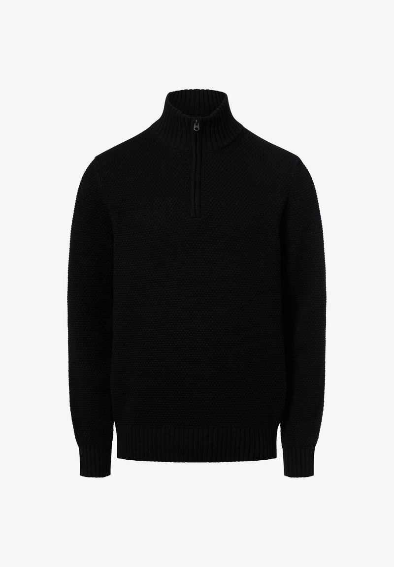 Czarny sweter typu pulower z wysokim, prążkowanym kołnierzem, częściowym zamkiem błyskawicznym, teksturowanym wzorem dzianiny oraz prążkowanymi mankietami i dołem.