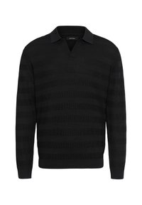 Suéter polo de manga larga negro con cuello en V, rayas horizontales texturizadas y un cuello estructurado. Fabricado en material acanalado.