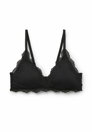 Bralette noir en tissu doux avec une finition en dentelle le long des bords supérieurs et de la bande, dotée de fines bretelles réglables et d'une forme triangulaire.