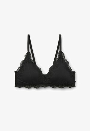 Schwarzer Bralette aus weichem Stoff mit Spitzenbesatz entlang der oberen Kanten und des Bundes, mit dünnen verstellbaren Trägern und einer triangularen Form.