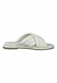 White leather slide sandals featuring three crossed straps, a flat sole, and a smooth finish. The bottom has a subtle textured pattern for grip.