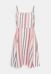 Strappy dress with a fitted bodice and flared skirt. Features vertical stripes in pink, grey, and white. Fabric appears lightweight and soft.