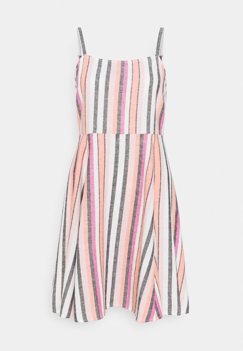 Strappy dress with a fitted bodice and flared skirt. Features vertical stripes in pink, grey, and white. Fabric appears lightweight and soft.