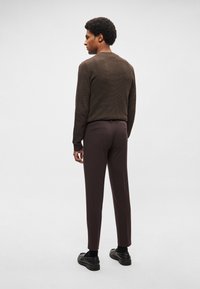 Camisola castanha de malha com mangas compridas e padrão texturizado, combinada com calças justas de cor bordô e sapatos pretos. Fundo claro.